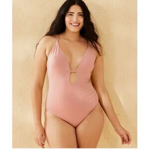 NWT Shade & Shore Pink Sparkle Plunge One-Piece Swimsuit, XL
